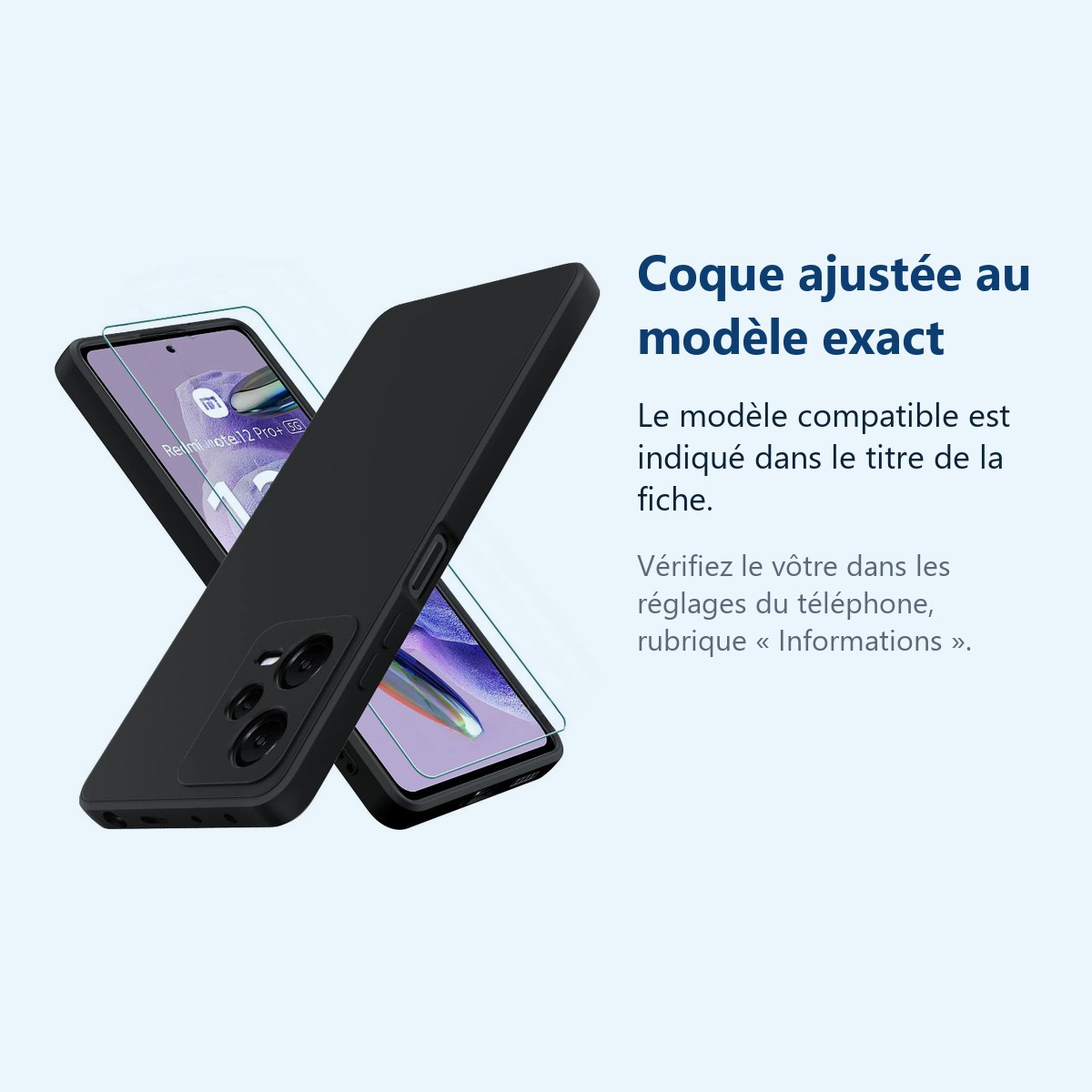 Accessoire ajusté au modèle exact – Coque Silicone Noir + Verre Trempe Pour Xiaomi Redmi Note 12 Pro Plus