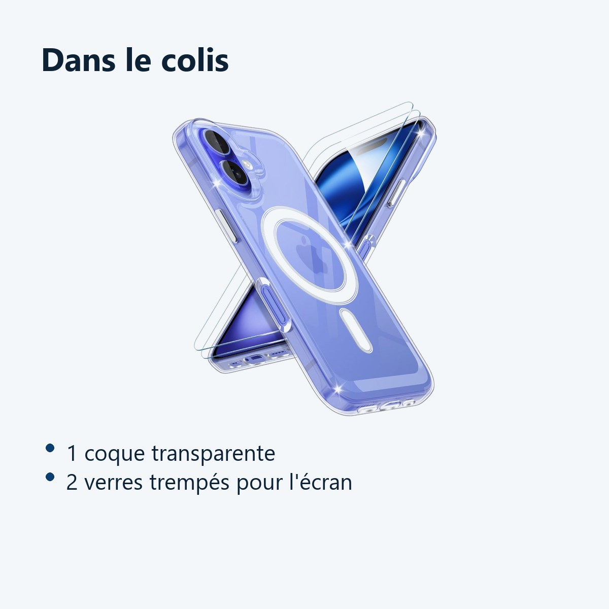 Contenu du colis – Coque Silicone Transparente Compatible Magsafe + 2 Verres Trempes Pour iPhone 16
