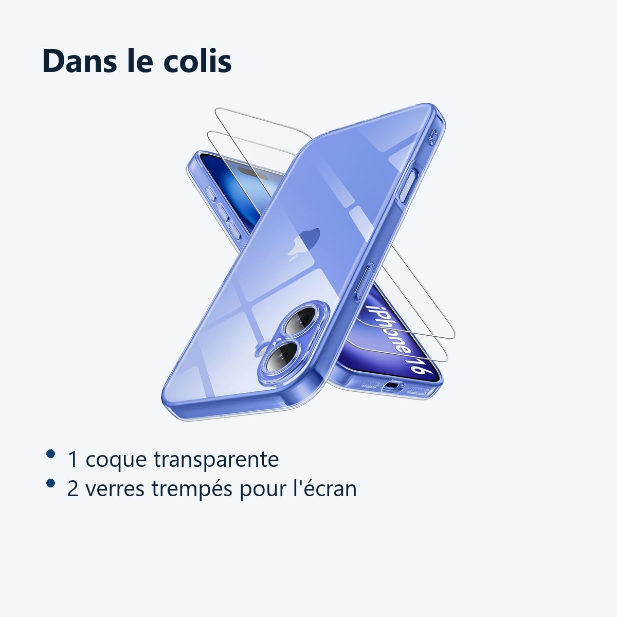 Contenu du colis – Coque Silicone Transparente + 2 Verres Trempes Pour iPhone 16