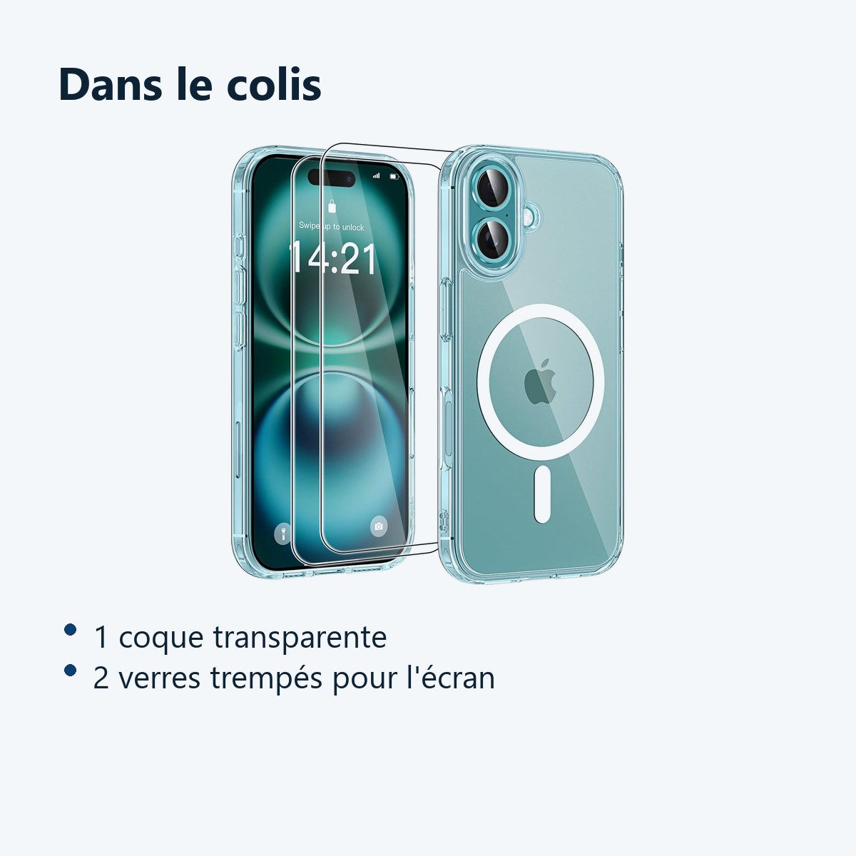Contenu du colis – Coque Silicone Transparente Compatible Magsafe + 2 Verres Trempes Pour iPhone 16 Plus