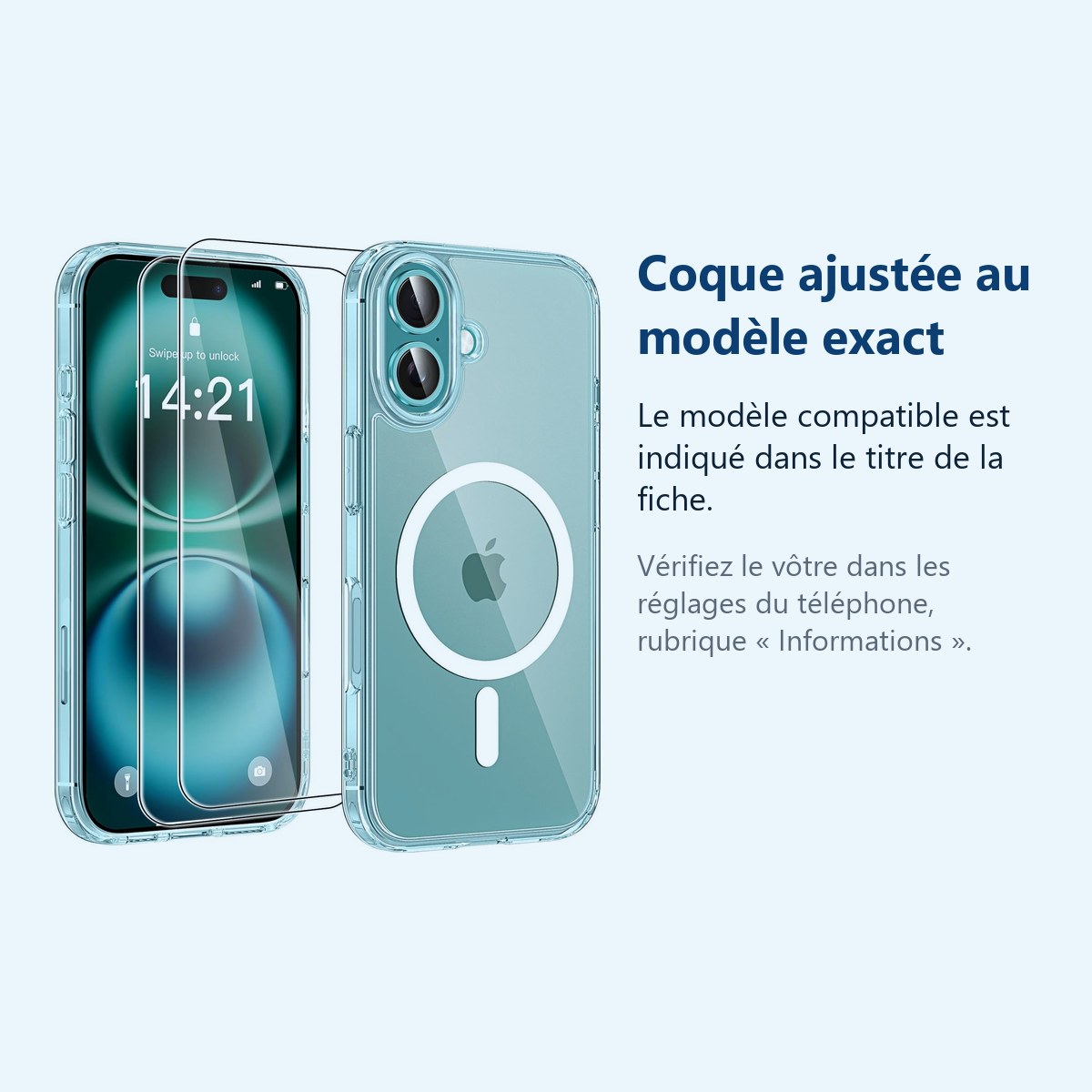 Accessoire ajusté au modèle exact – Coque Silicone Transparente Compatible Magsafe + 2 Verres Trempes Pour iPhone 16 Plus