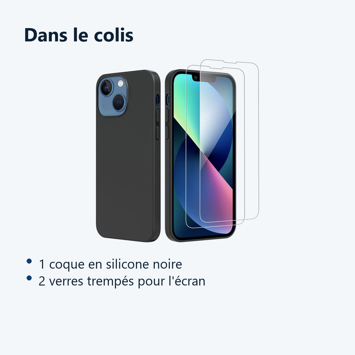 Contenu du colis – Coque Silicone Noire Pour iPhone 13 + 2 Verres Trempes
