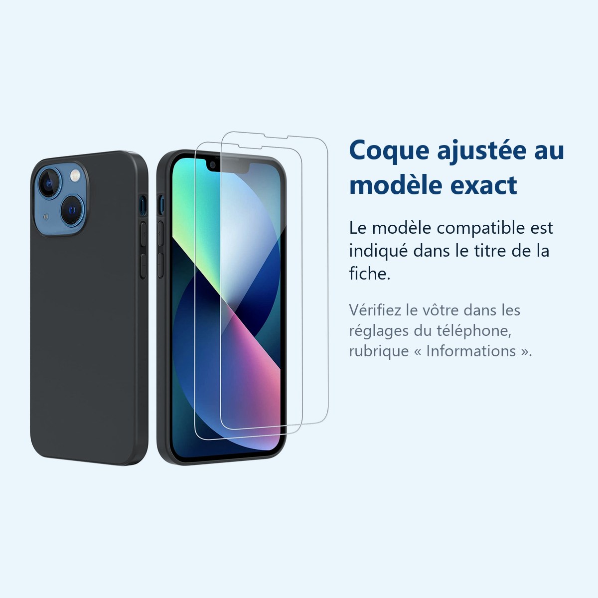 Accessoire ajusté au modèle exact – Coque Silicone Noire Pour iPhone 13 + 2 Verres Trempes