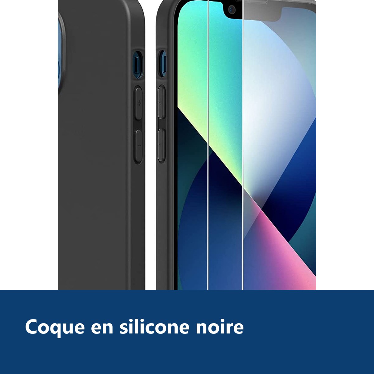Vue de détail – Coque Silicone Noire Pour iPhone 13 + 2 Verres Trempes