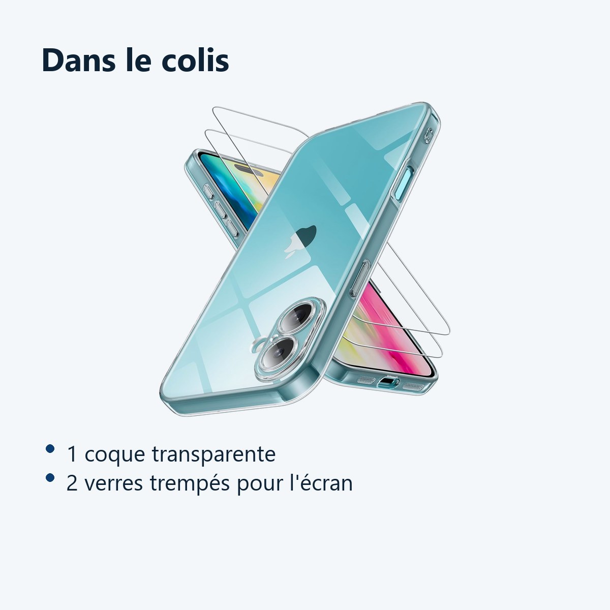 Contenu du colis – Coque Silicone Transparente + 2 Verres Trempes Pour iPhone 16 Plus