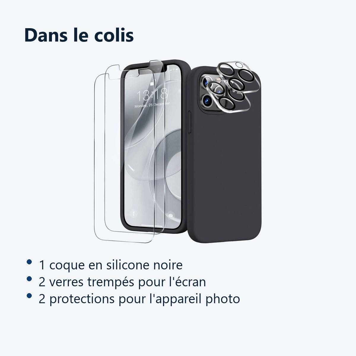 Contenu du colis – Coque Silicone Noir + Verres Trempes et Protections Camera Arriere X2 Pour iPhone 12 Pro
