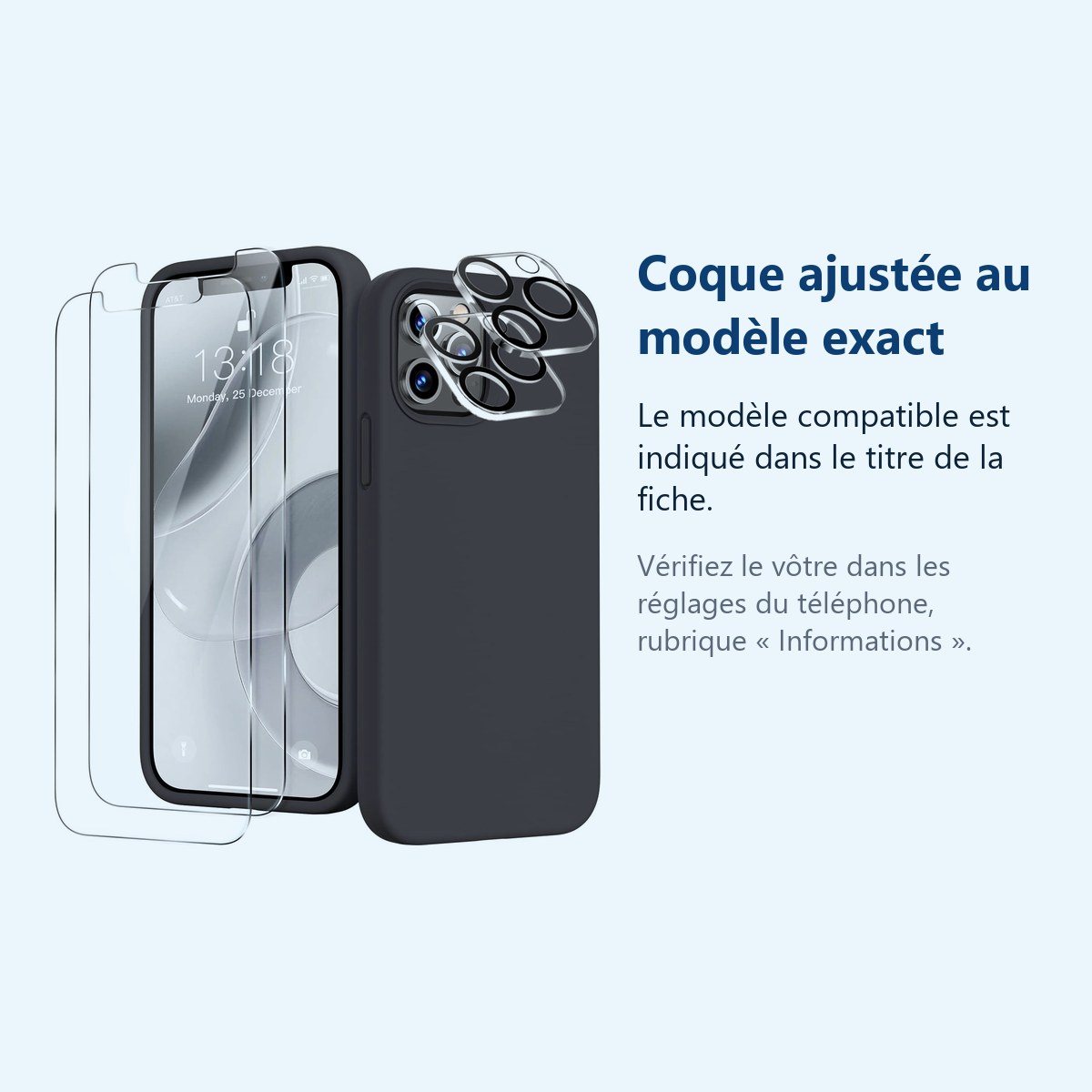 Accessoire ajusté au modèle exact – Coque Silicone Noir + Verres Trempes et Protections Camera Arriere X2 Pour iPhone 12 Pro