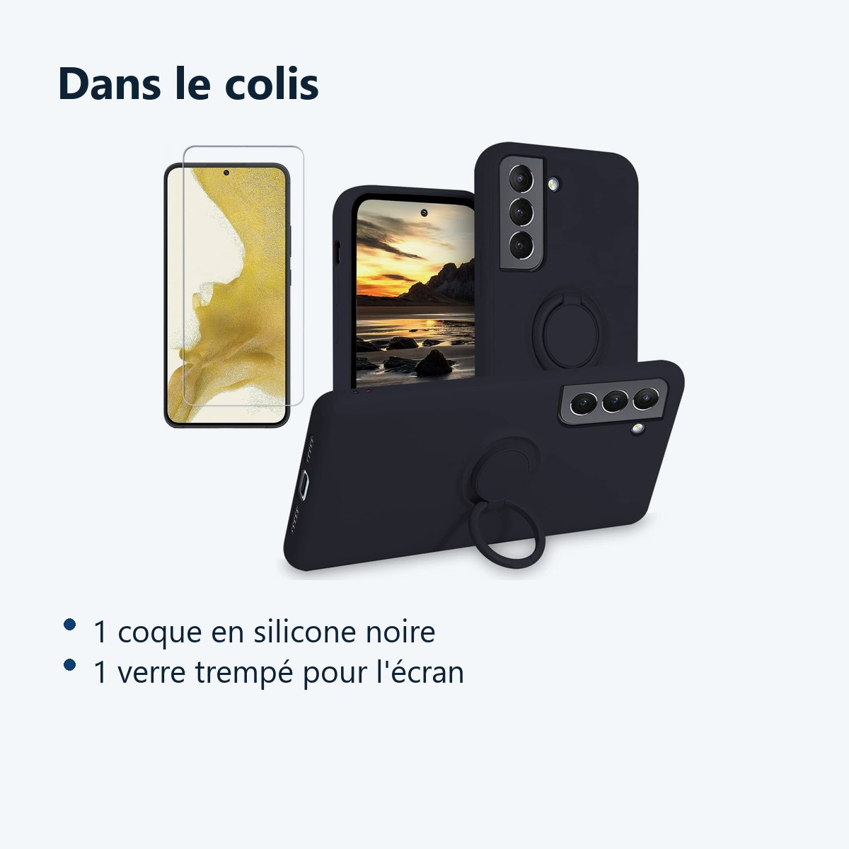 Contenu du colis – Coque Silicone Pour Samsung S22 5G Couleur Noir Avec Anneau Support + Verre Trempe Protection Ecran