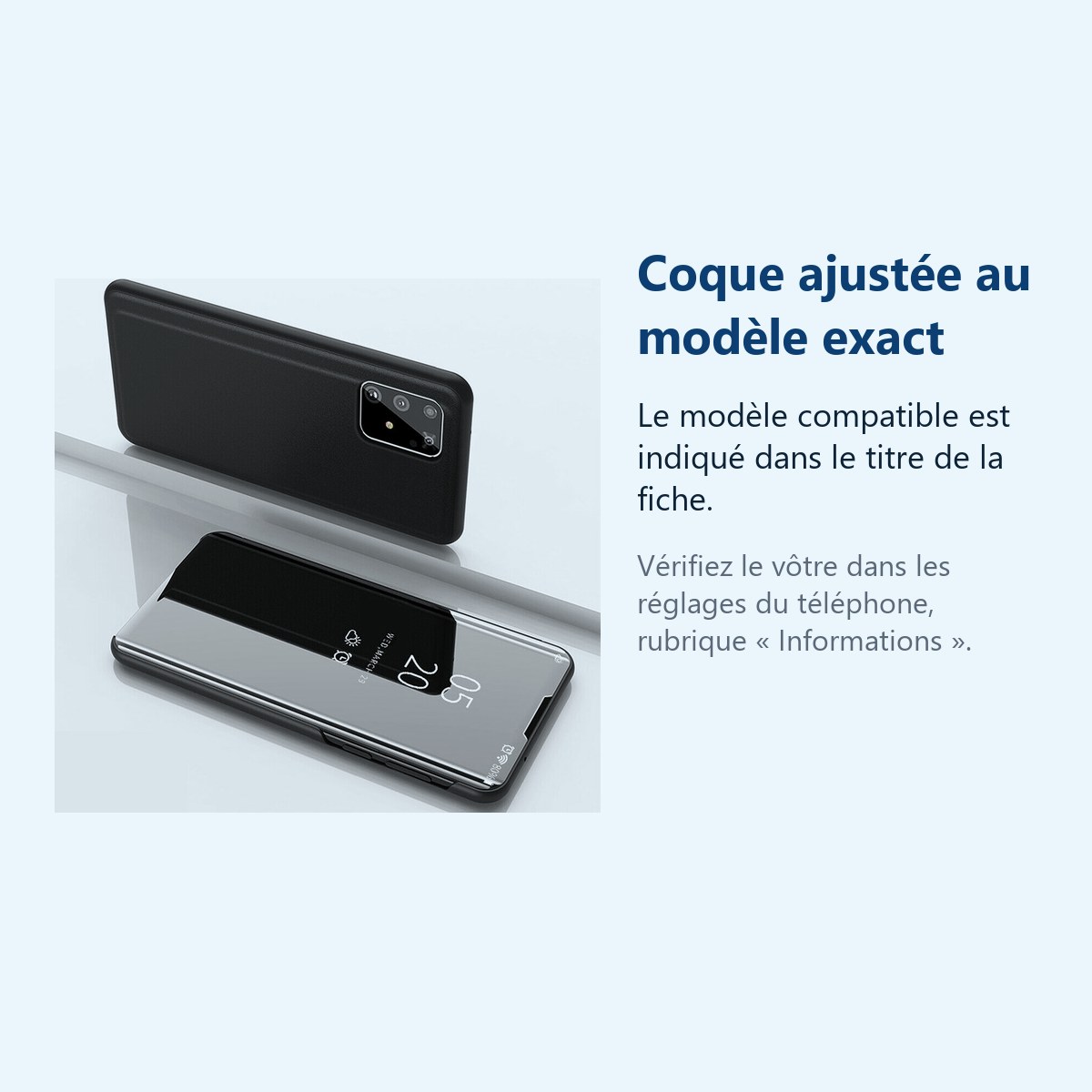 Accessoire ajusté au modèle exact – Coque Etui Rabat Miroir Noir pour Samsung S20
