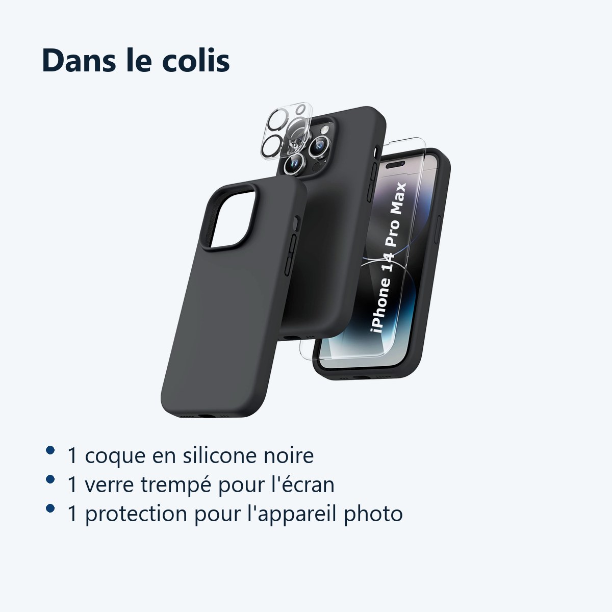 Contenu du colis – Coque Silicone Noir + Verre Trempe et Protection Camera Arriere Pour iPhone 14 Pro Max