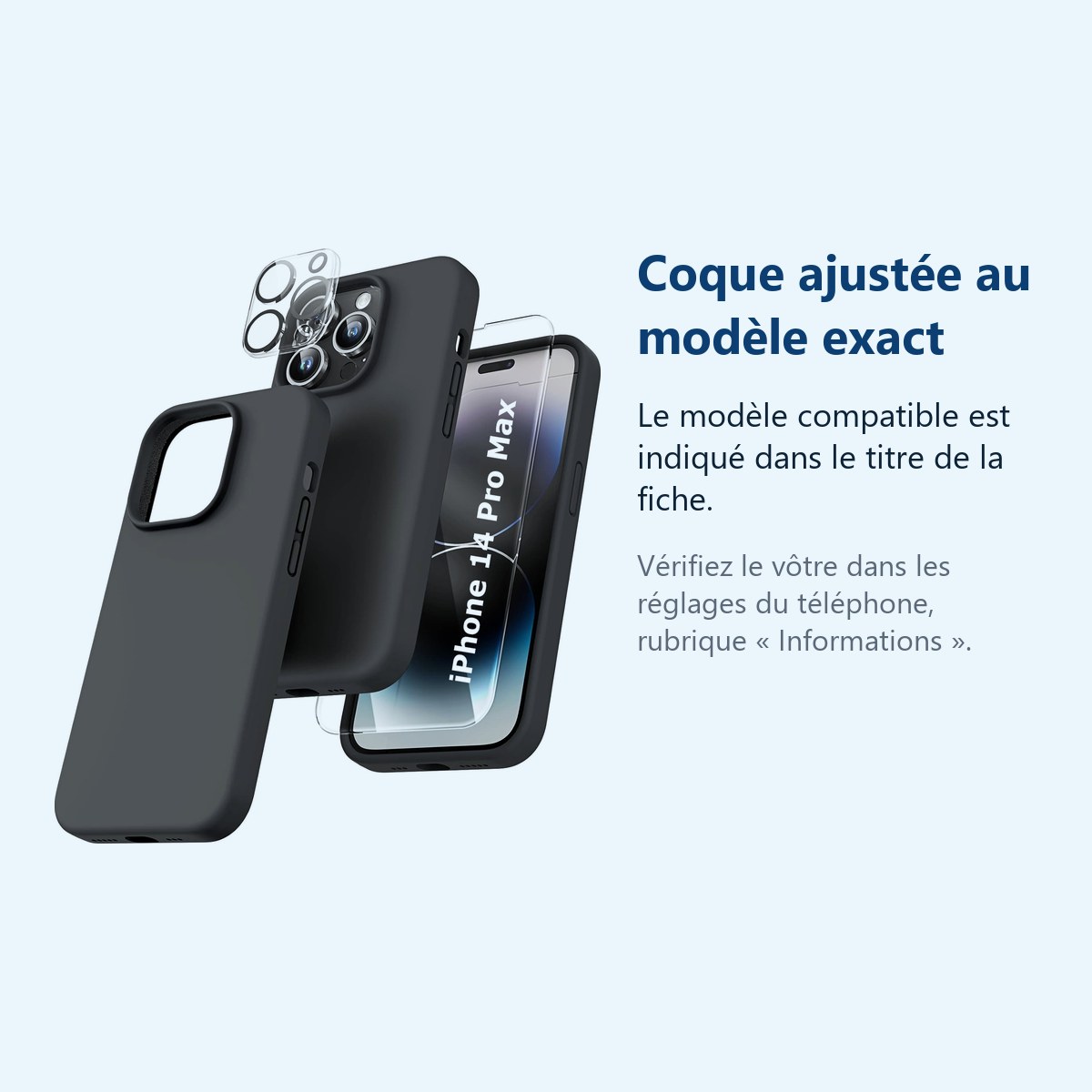 Accessoire ajusté au modèle exact – Coque Silicone Noir + Verre Trempe et Protection Camera Arriere Pour iPhone 14 Pro Max