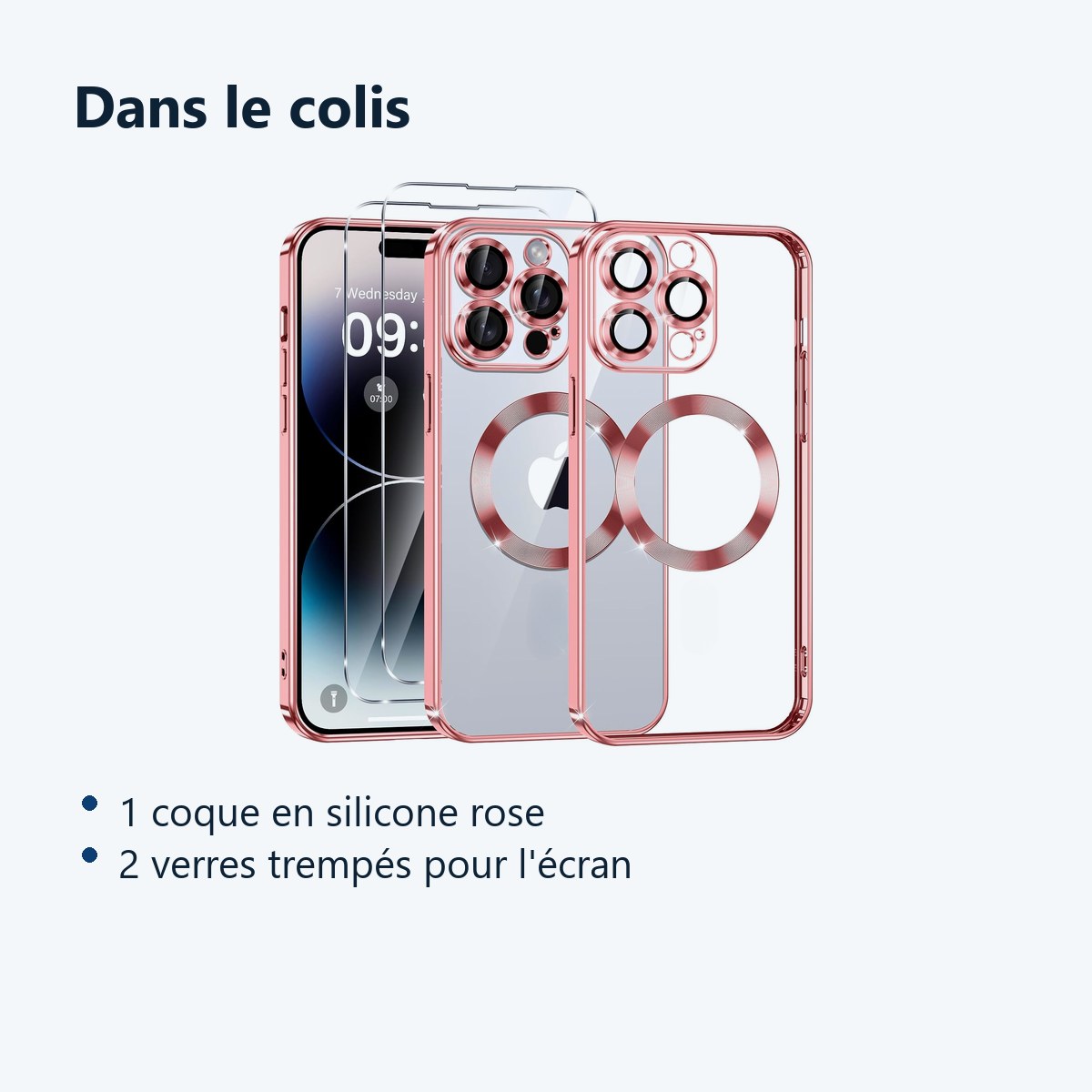 Contenu du colis – Coque Silicone Pour iPhone 14 Pro Max Couleur Rose Compatible Magsafe + 2 Verres Trempe Protection Ecran