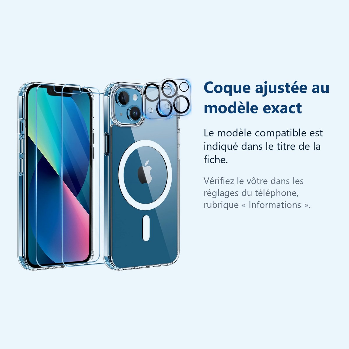 Accessoire ajusté au modèle exact – Coque Silicone Transparente Compatible Magsafe + Verres Trempes et Protections Camera Arr