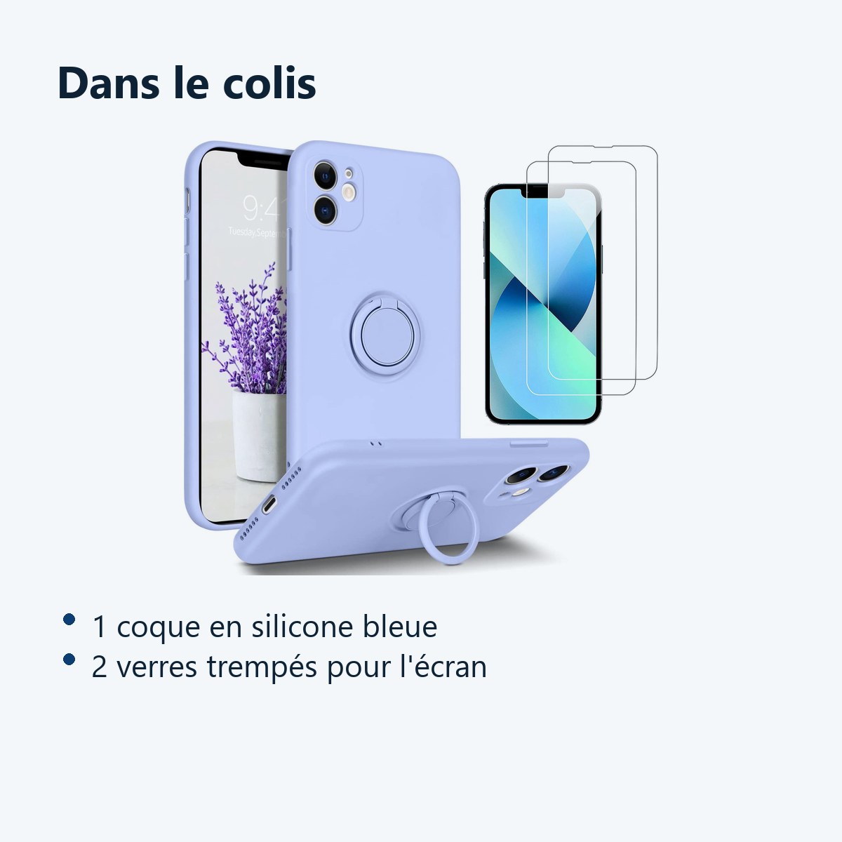 Contenu du colis – Coque Silicone Pour iPhone 13 Couleur Bleu Avec Anneau Support + 2 Verres Trempe Protection Ecran
