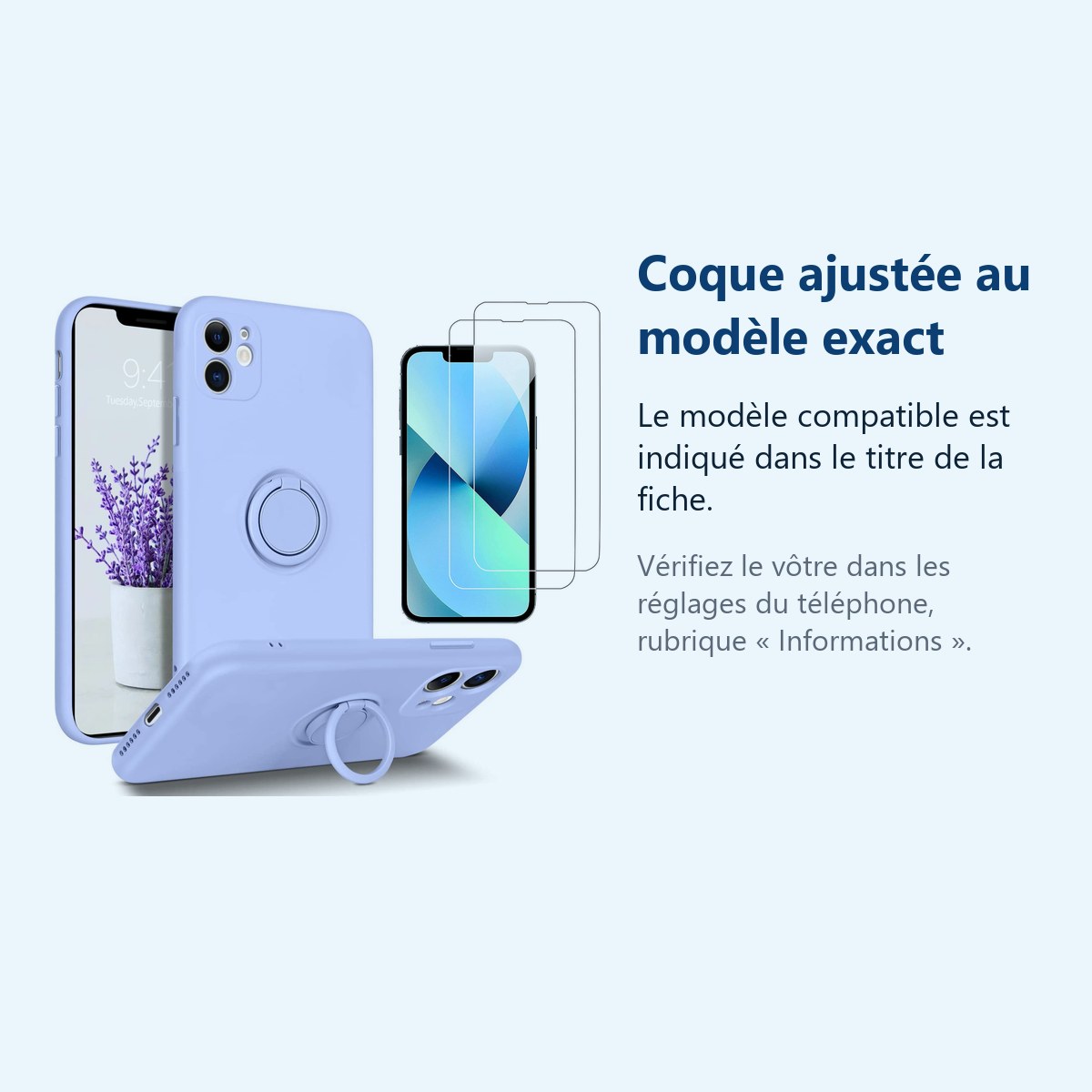 Accessoire ajusté au modèle exact – Coque Silicone Pour iPhone 13 Couleur Bleu Avec Anneau Support + 2 Verres Trempe Protect