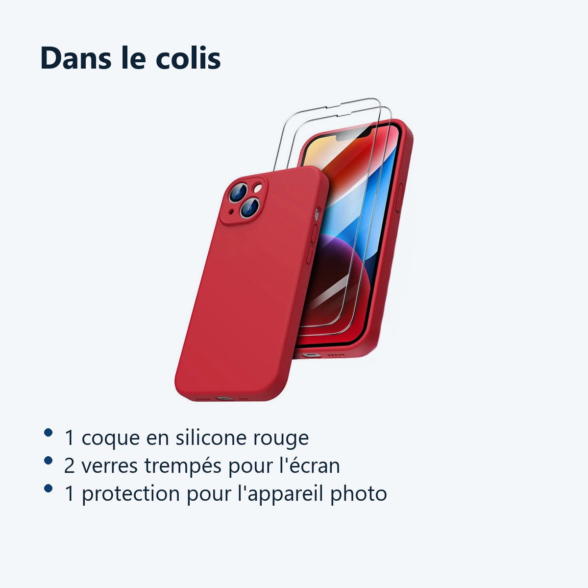 Contenu du colis – Coque Silicone Pour iPhone 14 Couleur Rouge Protection Objectif Appareil Photo + 2 Verres Trempe Protectio