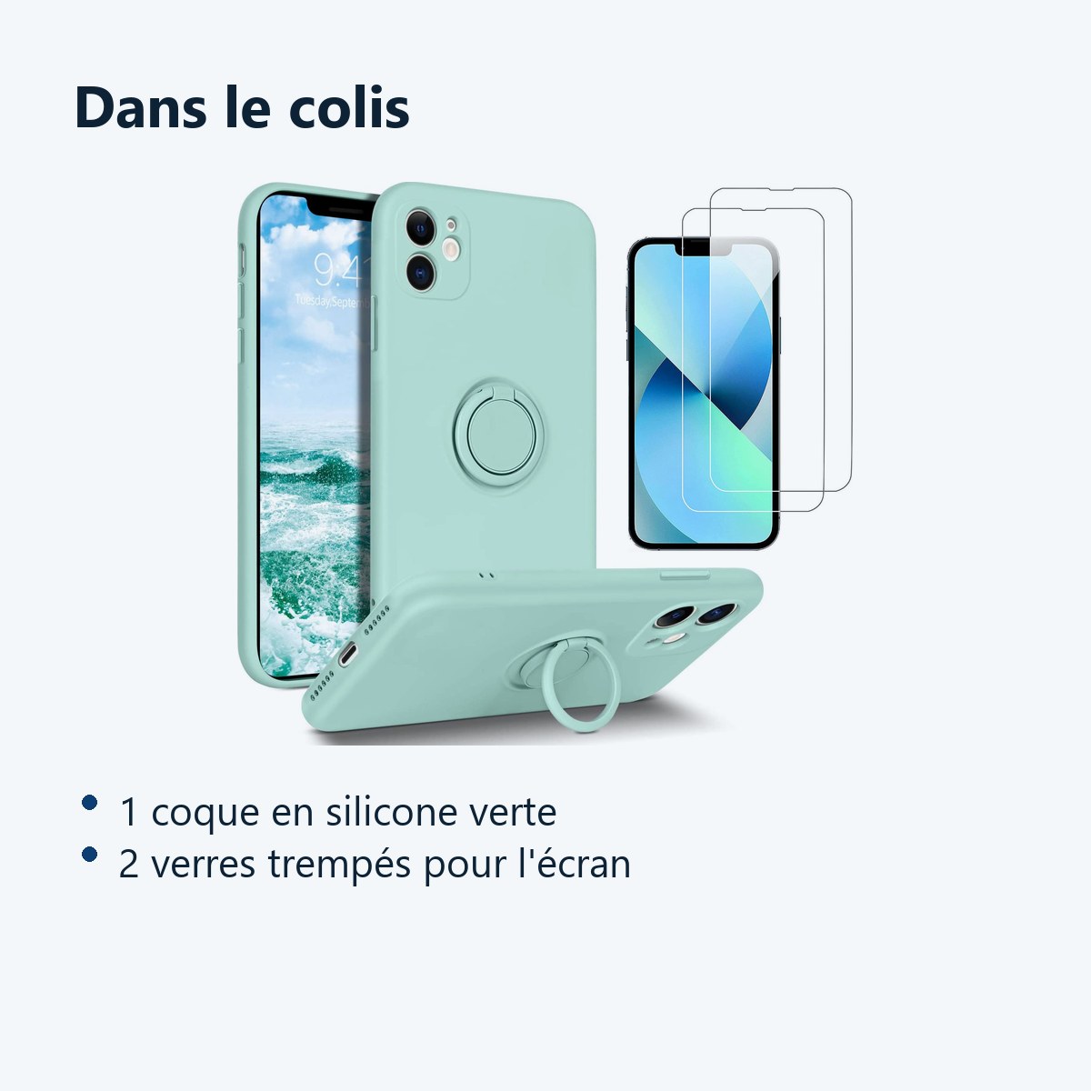 Contenu du colis – Coque Silicone Pour iPhone 13 Couleur Vert Avec Anneau Support + 2 Verres Trempe Protection Ecran