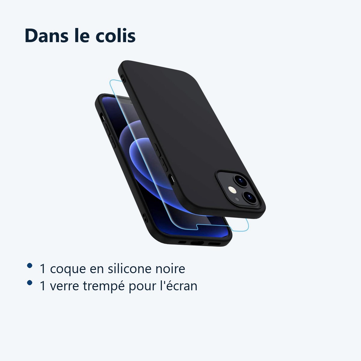 Contenu du colis – Coque Silicone Noire + Verre Trempe Pour iPhone 13 Mini