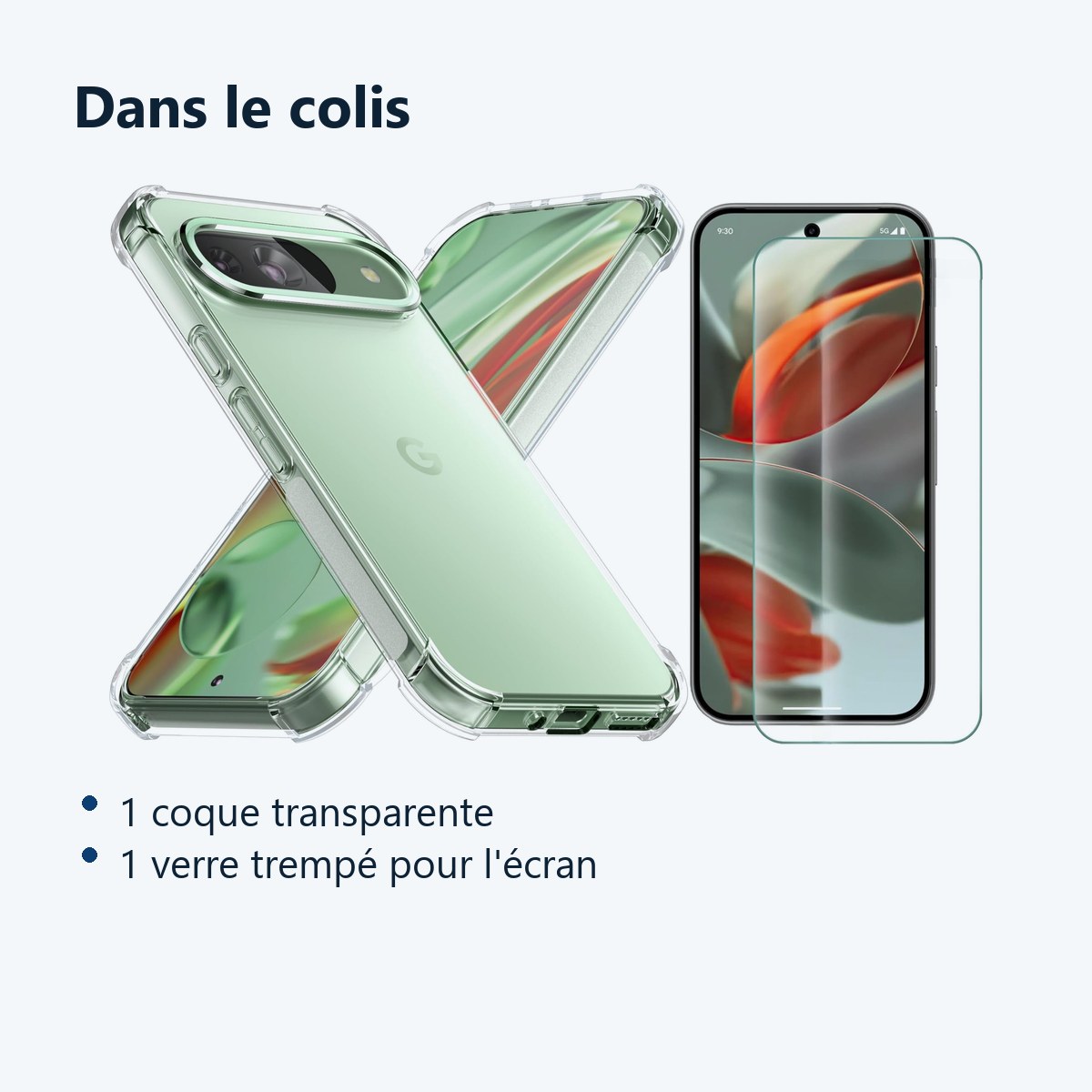 Contenu du colis – Coque Silicone Transparente Angles Renforces + Verre Trempe Pour Google Pixel 9 / 9 Pro