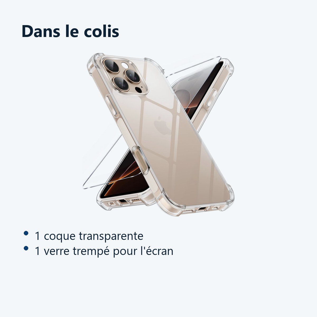 Contenu du colis – Coque Silicone Transparente Angles Renforces + Verre Trempe Pour iPhone 16 Pro
