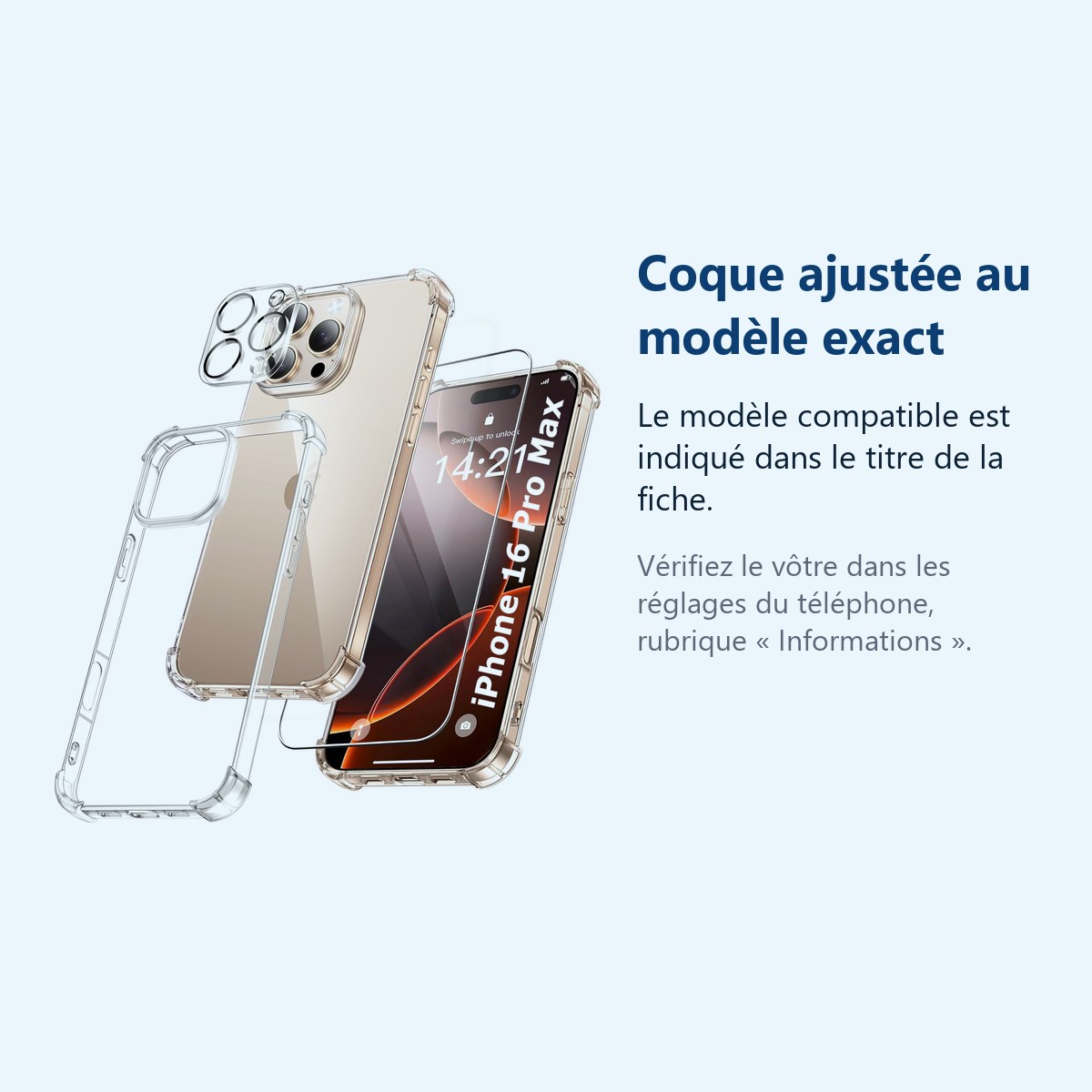 Accessoire ajusté au modèle exact – Coque Silicone Transparente Angles Renforces + Verre Trempe et Protection Camera Arriere