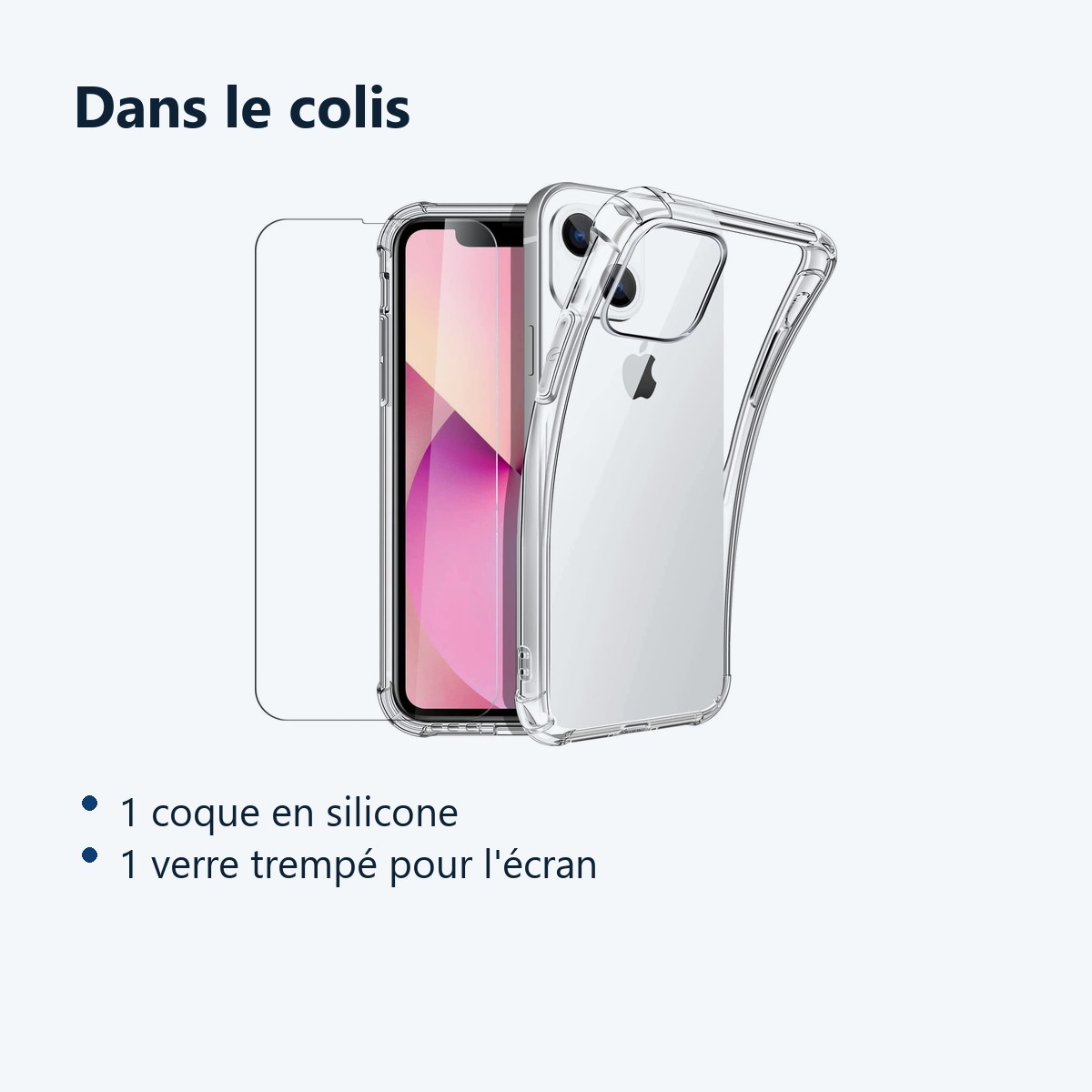 Contenu du colis – Coque Silicone Transparent 4 Coins Renforces Pour iPhone 13 + Verre Trempe