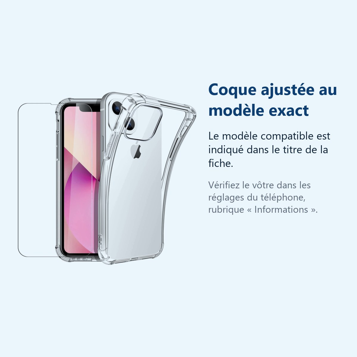 Accessoire ajusté au modèle exact – Coque Silicone Transparent 4 Coins Renforces Pour iPhone 13 + Verre Trempe
