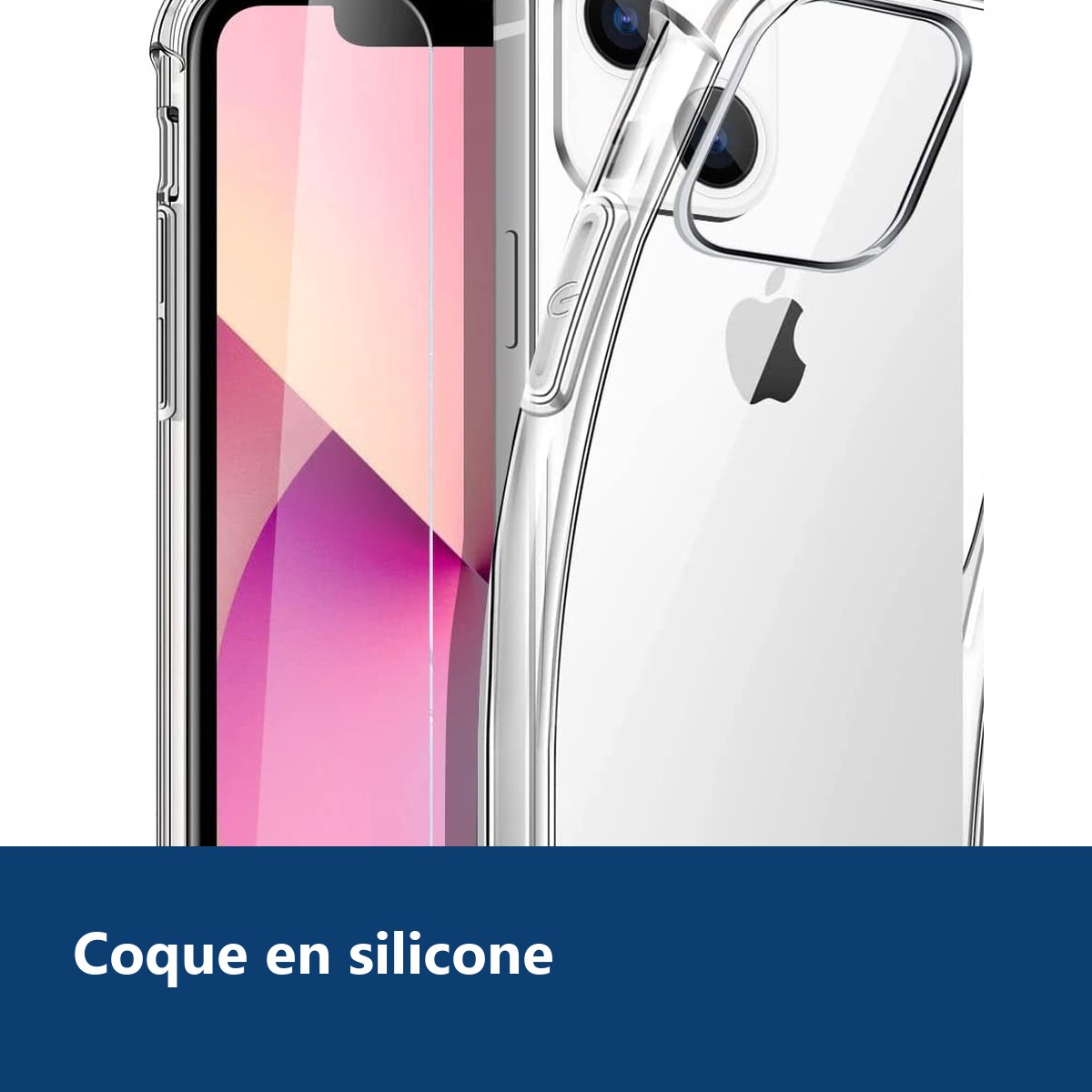 Vue de détail – Coque Silicone Transparent 4 Coins Renforces Pour iPhone 13 + Verre Trempe