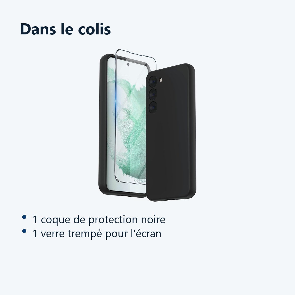 Contenu du colis – Coque Noir pour Samsung Galaxy S23 (6,1 pouces) et Verre Trempé Film Protection Ecran