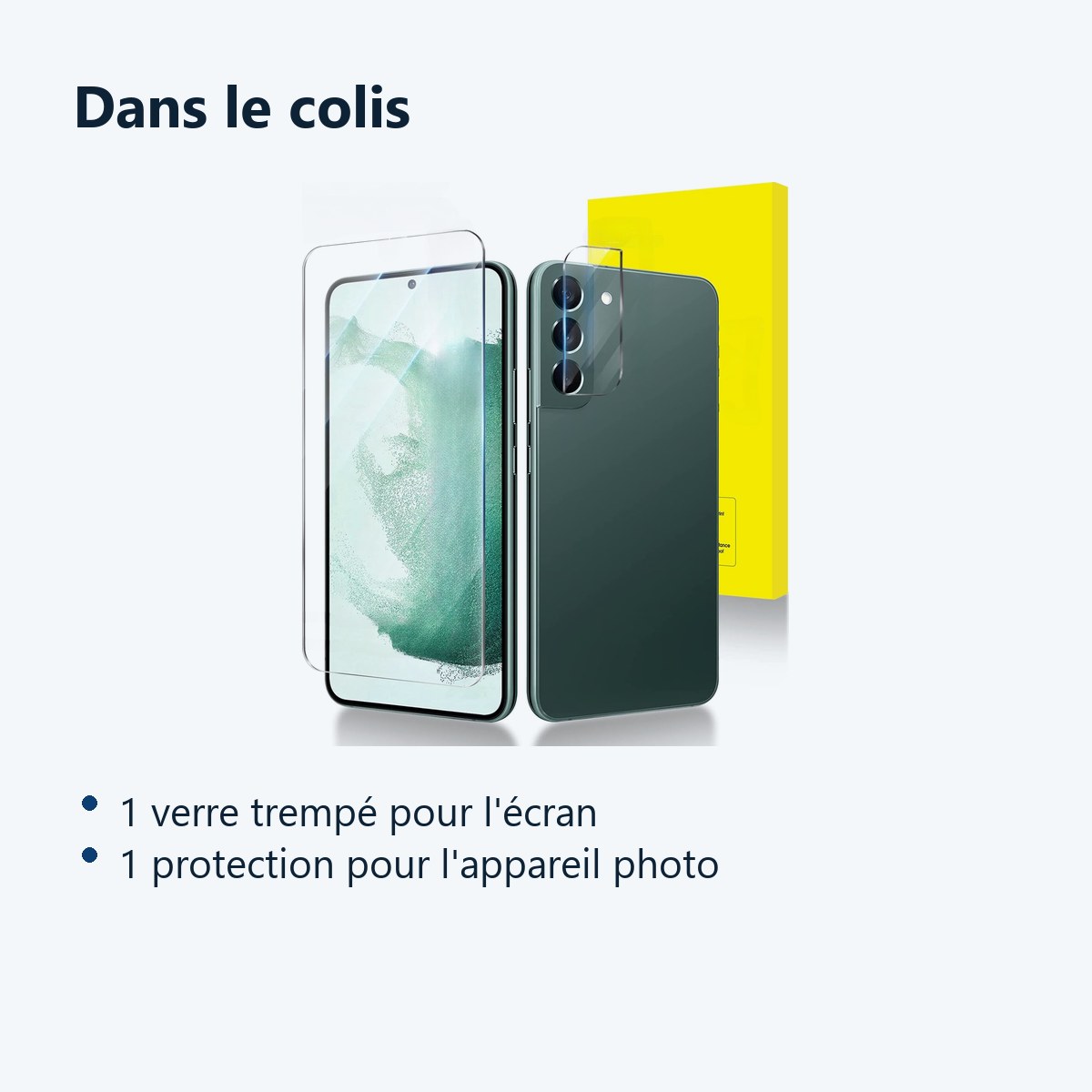 Contenu du colis – Verre Trempe et Protection Camera Arriere Transparent Pour Samsung Galaxy S22