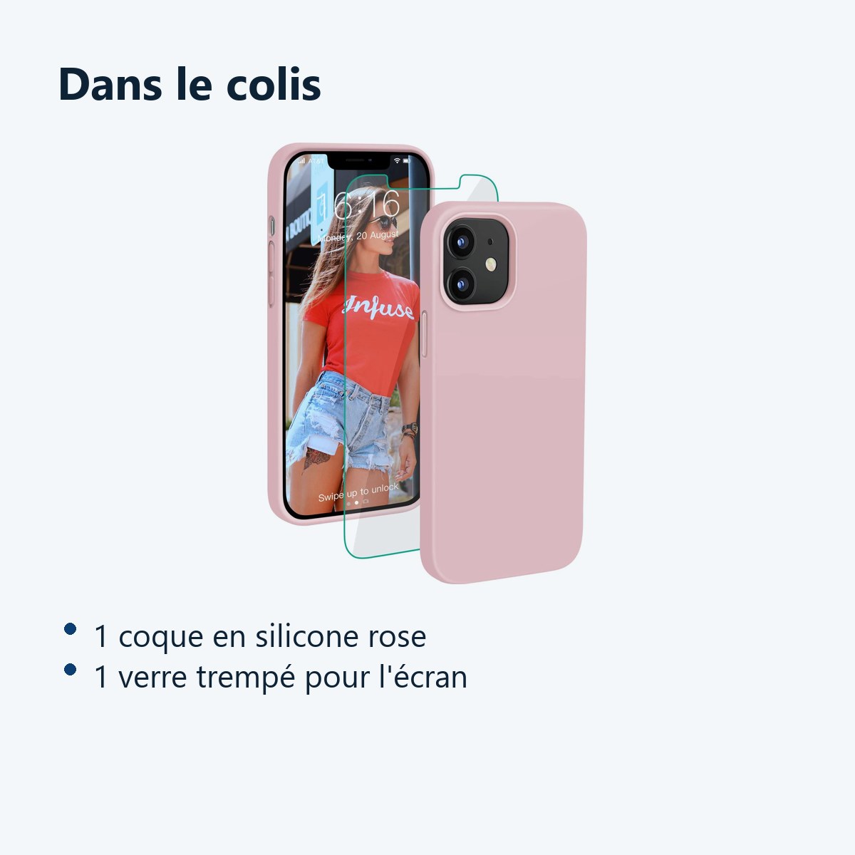Contenu du colis – Coque Silicone Couleur Rose + Verre Trempe Pour iPhone 12 Mini