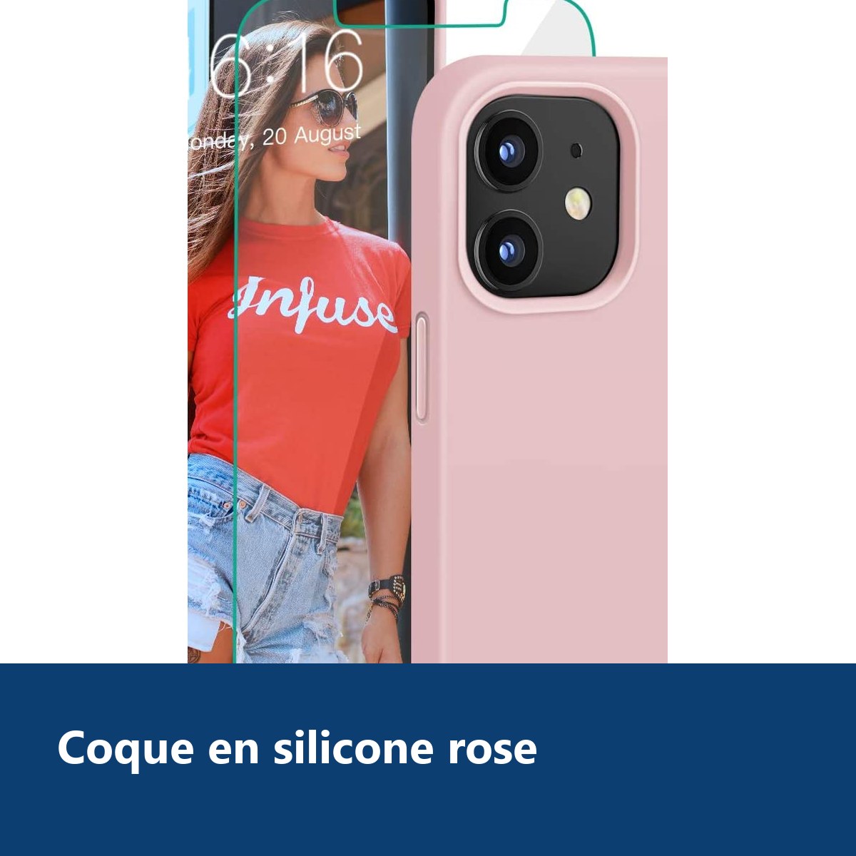 Vue de détail – Coque Silicone Couleur Rose + Verre Trempe Pour iPhone 12 Mini