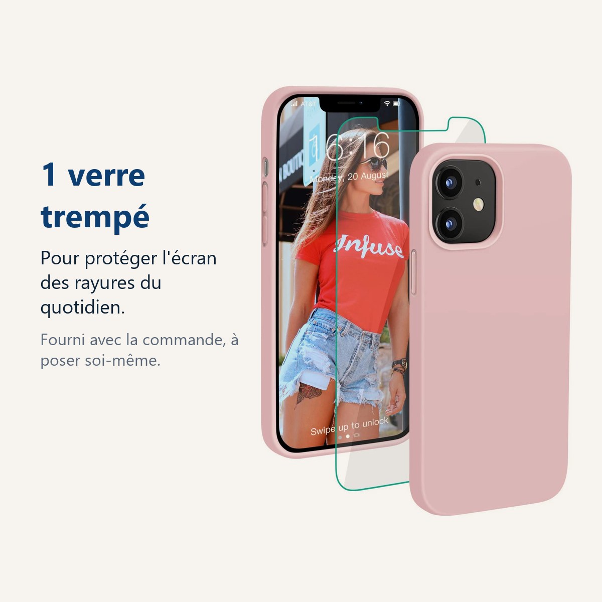 Verre trempé pour protéger lécran – Coque Silicone Couleur Rose + Verre Trempe Pour iPhone 12 Mini