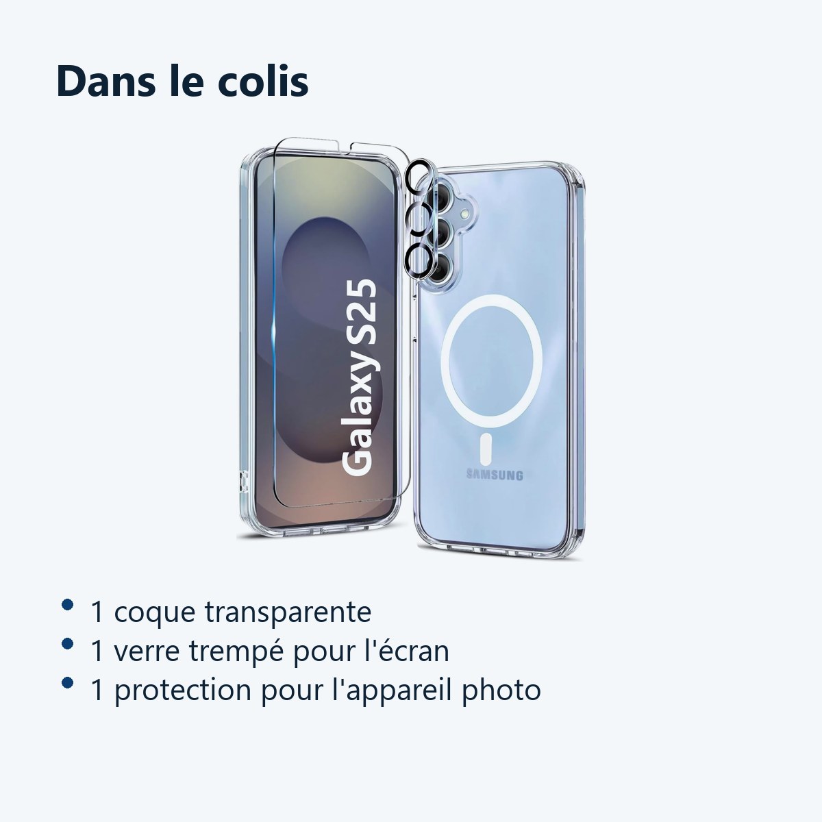 Contenu du colis – Coque Silicone Transparente Compatible Magsafe + Verre Trempes et Protection Camera Arriere Pour Samsung G