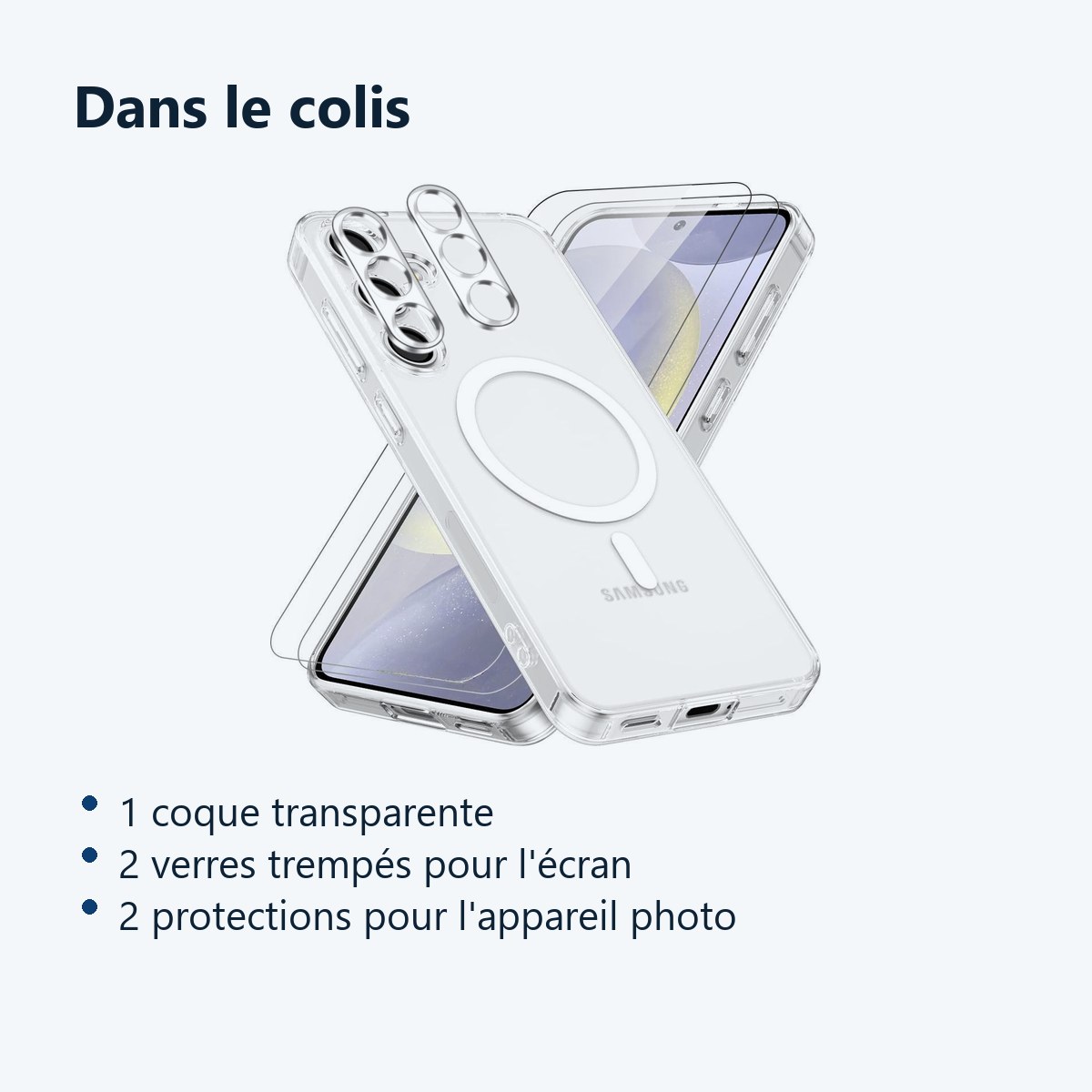 Contenu du colis – Coque Silicone Transparente Compatible Magsafe + Verres Trempes et Protections Camera Arriere X2 Pour Sams