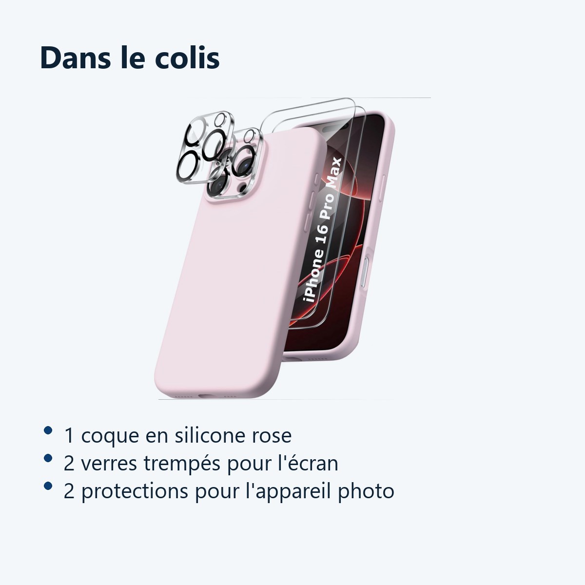Contenu du colis – Coque Silicone Rose + Verres Trempes et Protections Camera Arriere X2 Pour iPhone 16 Pro Max