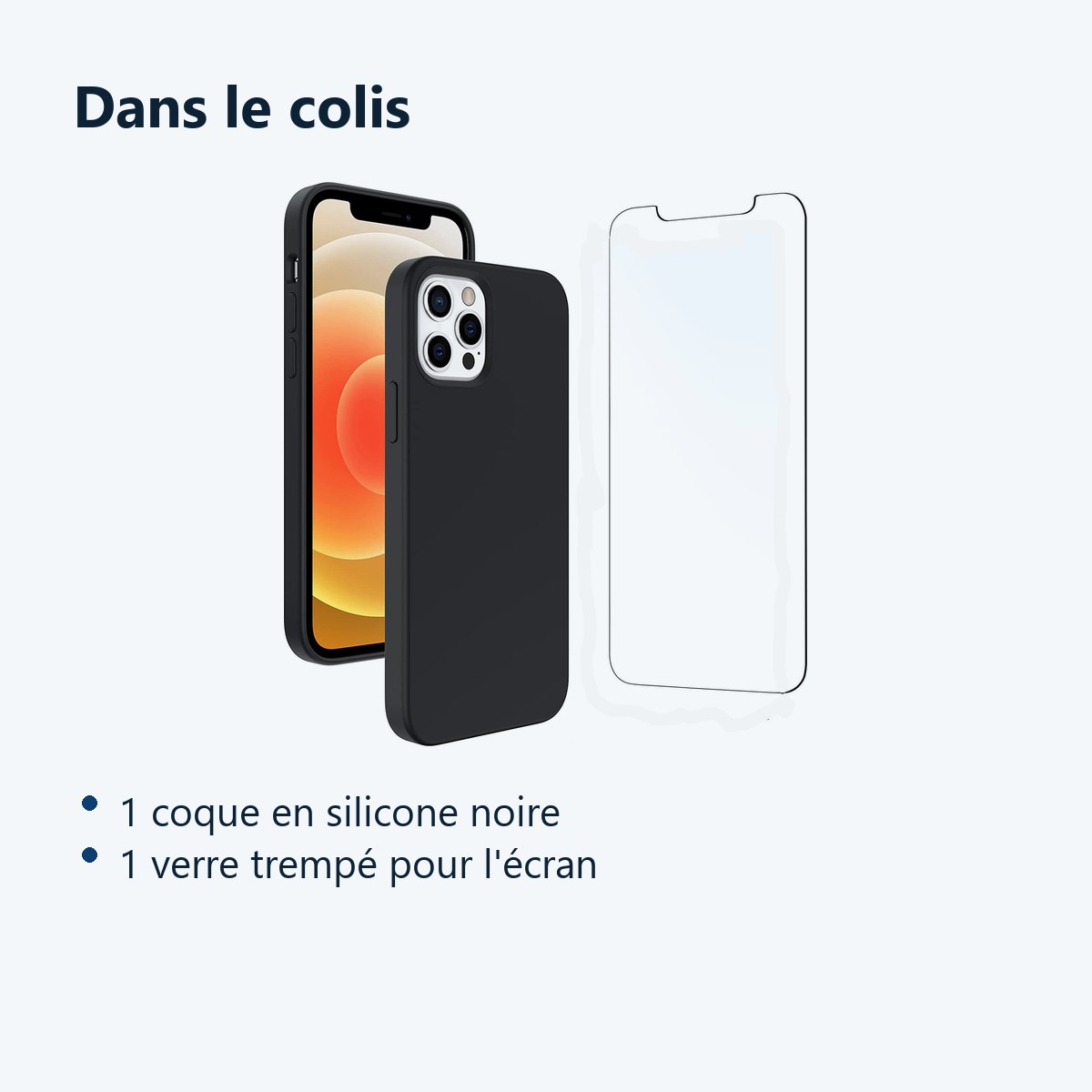 Contenu du colis – Coque Silicone Noire Pour iPhone 12 / iPhone 12 Pro + Verre Trempe