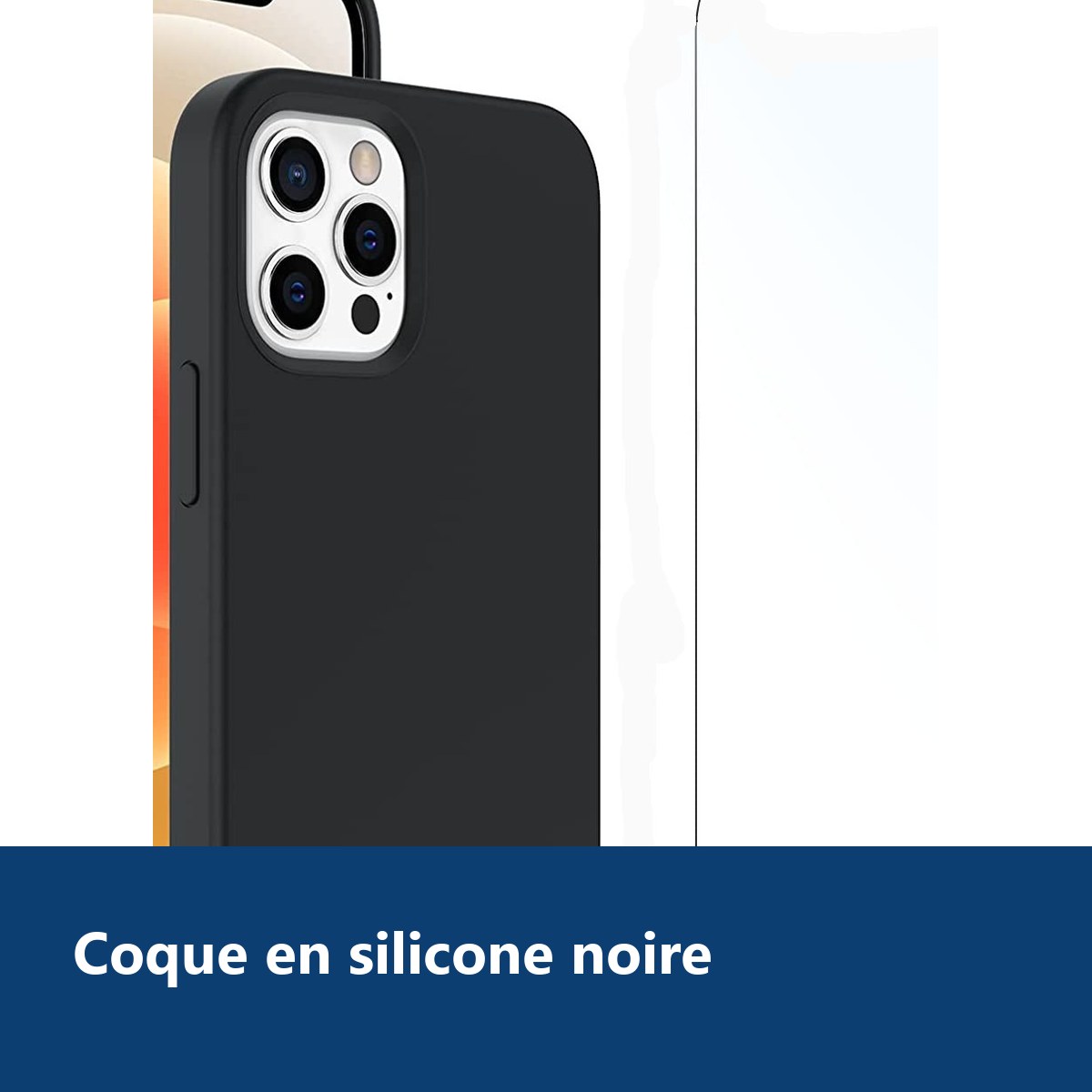 Vue de détail – Coque Silicone Noire Pour iPhone 12 / iPhone 12 Pro + Verre Trempe