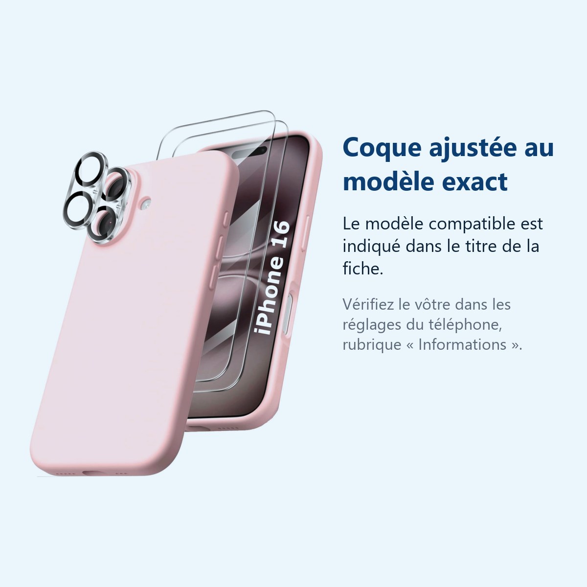 Accessoire ajusté au modèle exact – Coque Silicone Rose + Verres Trempes et Protections Camera Arriere X2 Pour iPhone 16