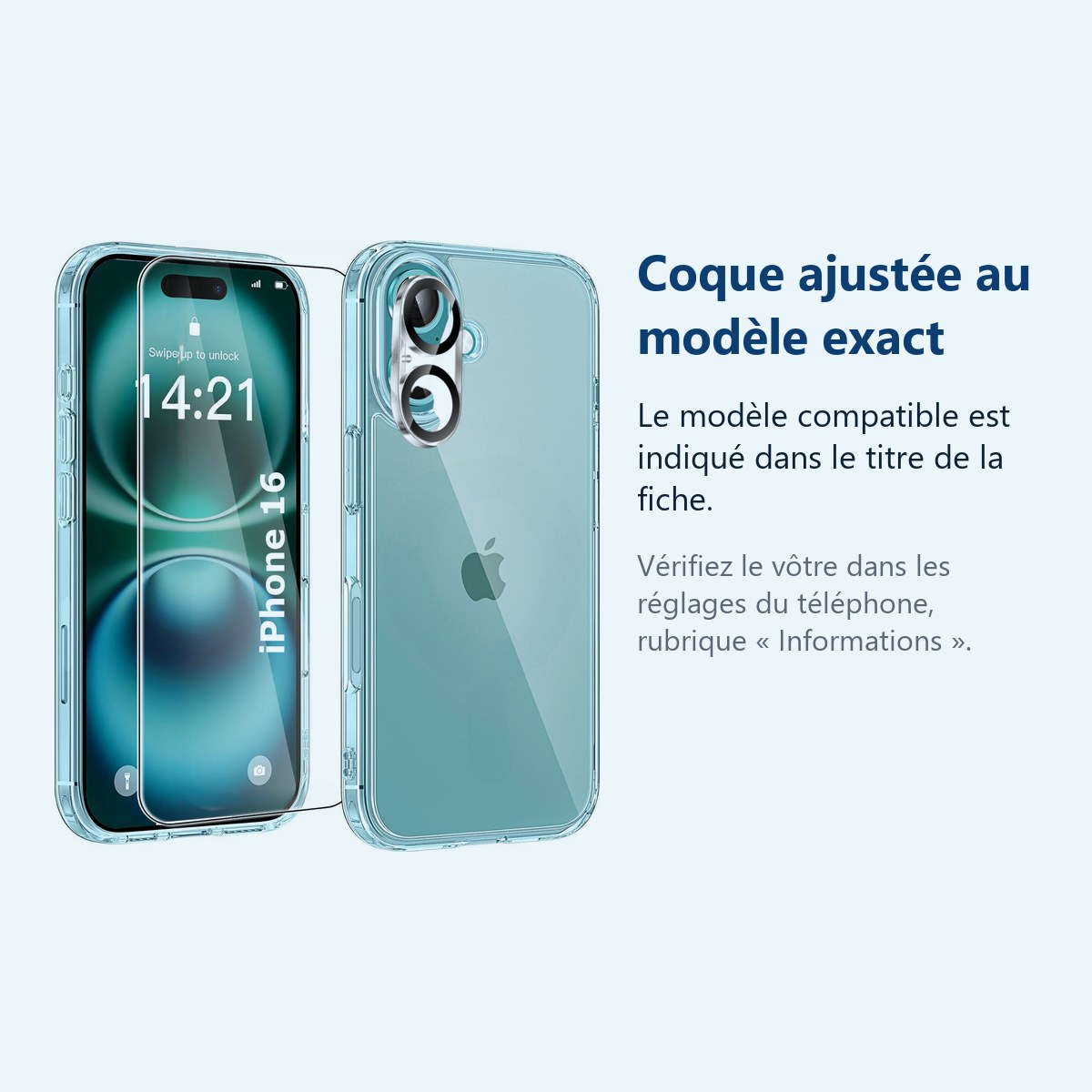 Accessoire ajusté au modèle exact – Coque Silicone Transparente + Verre Trempe et Protection Camera Arriere Pour iPhone 16