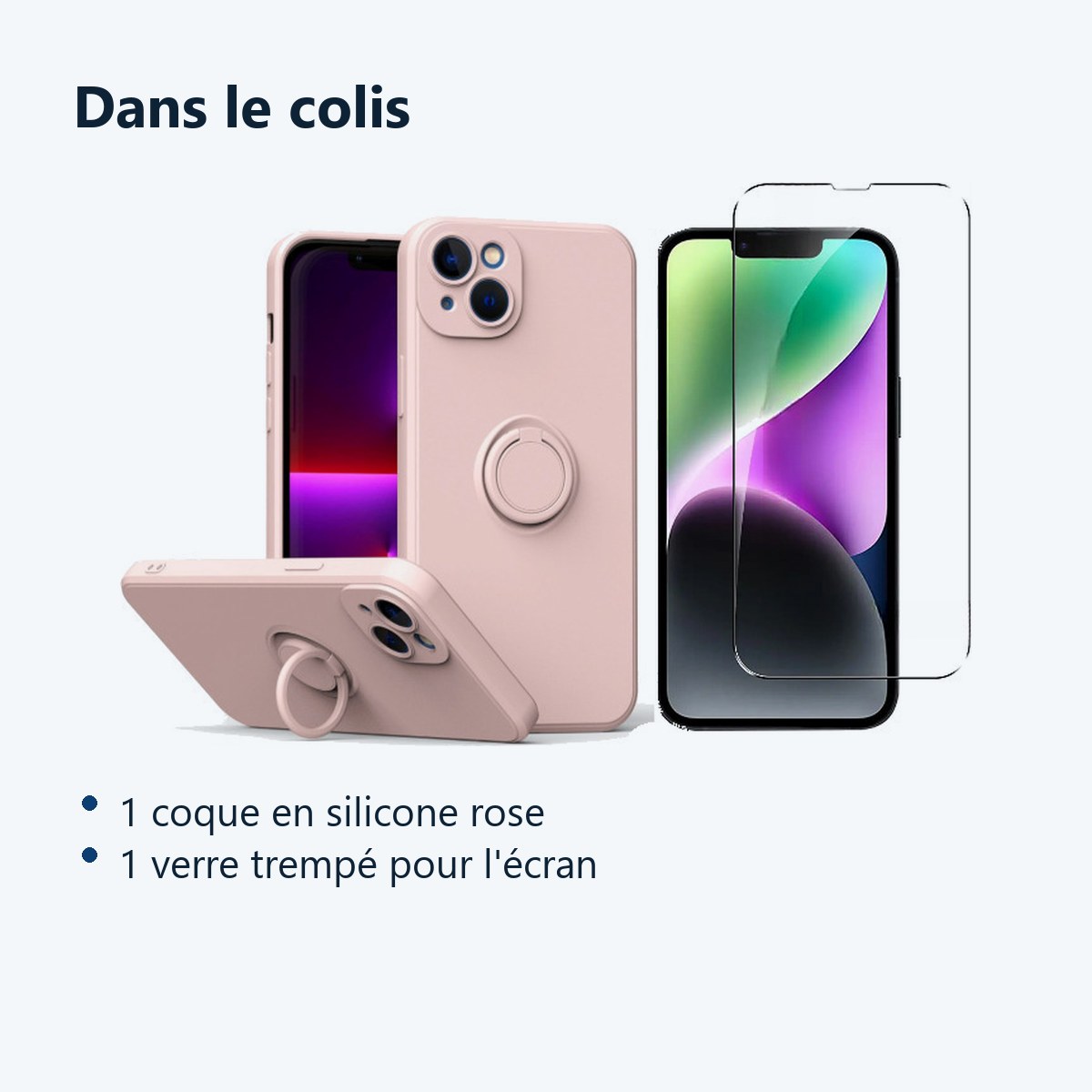 Contenu du colis – Coque Silicone Pour iPhone 14 Couleur Rose Avec Anneau Support + Verre Trempe Protection Ecran