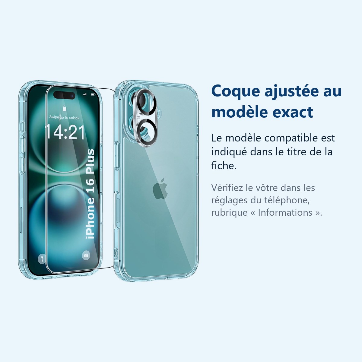 Accessoire ajusté au modèle exact – Coque Silicone Transparente + Verre Trempe et Protection Camera Arriere Pour iPhone 16 Pl