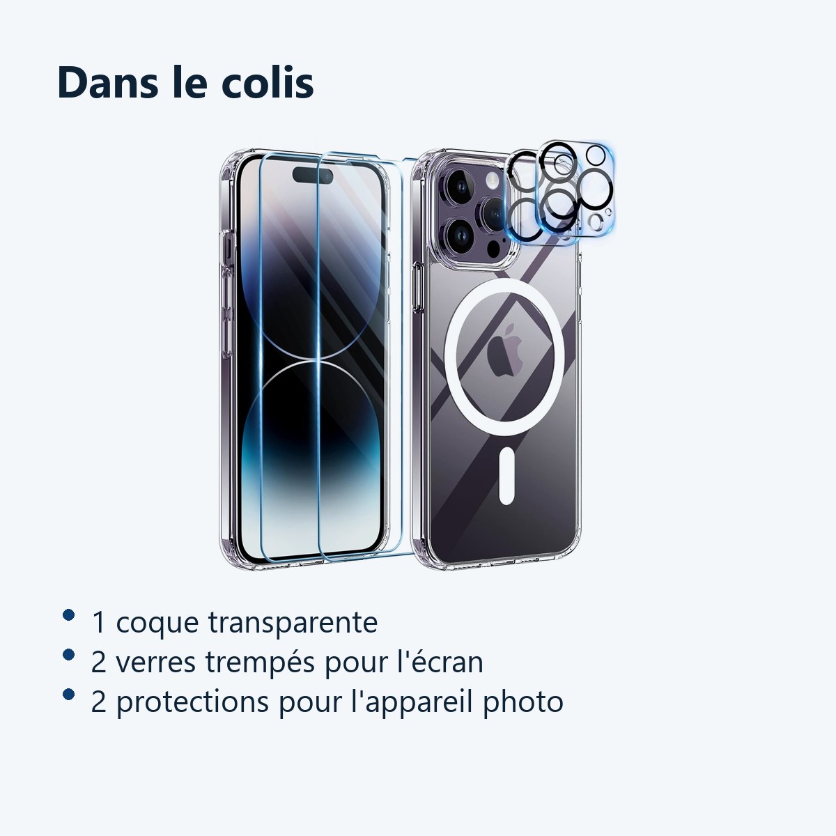 Contenu du colis – Coque Silicone Transparente Compatible Magsafe + Verres Trempes et Protections Camera Arriere X2 Pour iPho