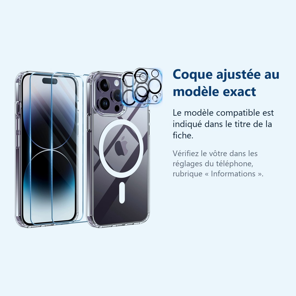 Accessoire ajusté au modèle exact – Coque Silicone Transparente Compatible Magsafe + Verres Trempes et Protections Camera Arr