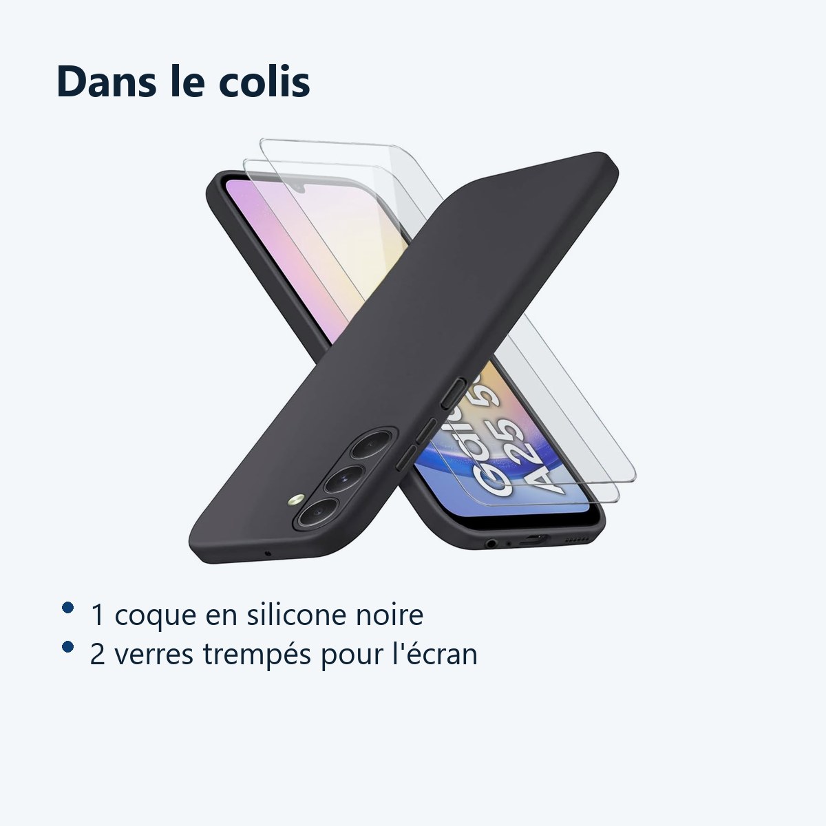 Contenu du colis – Coque Pour Samsung Galaxy A25 5G Silicone Noir + 2 Verres Trempes