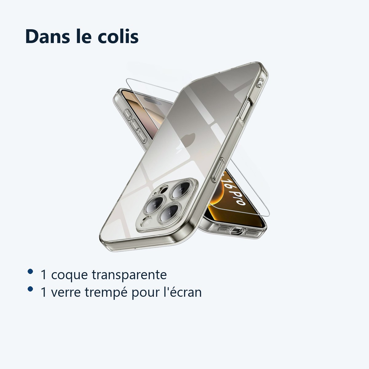 Contenu du colis – Coque Silicone Transparente + Verre Trempe Pour iPhone 16 Pro