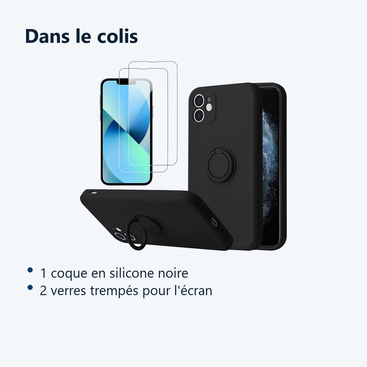 Contenu du colis – Coque Silicone Pour iPhone 12 Couleur Noir Avec Anneau Support + 2 Verres Trempe Protection Ecran