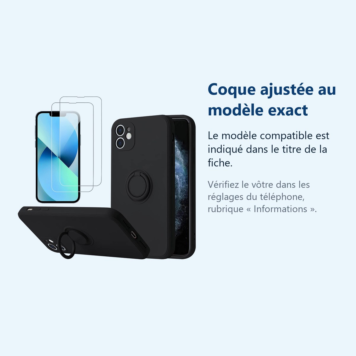 Accessoire ajusté au modèle exact – Coque Silicone Pour iPhone 12 Couleur Noir Avec Anneau Support + 2 Verres Trempe Protecti