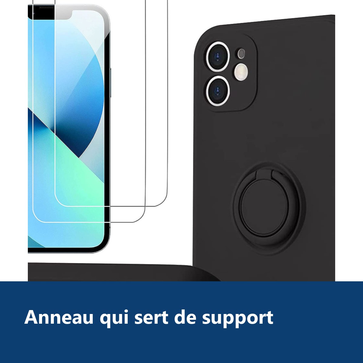 Vue de détail – Coque Silicone Pour iPhone 12 Couleur Noir Avec Anneau Support + 2 Verres Trempe Protection Ecran