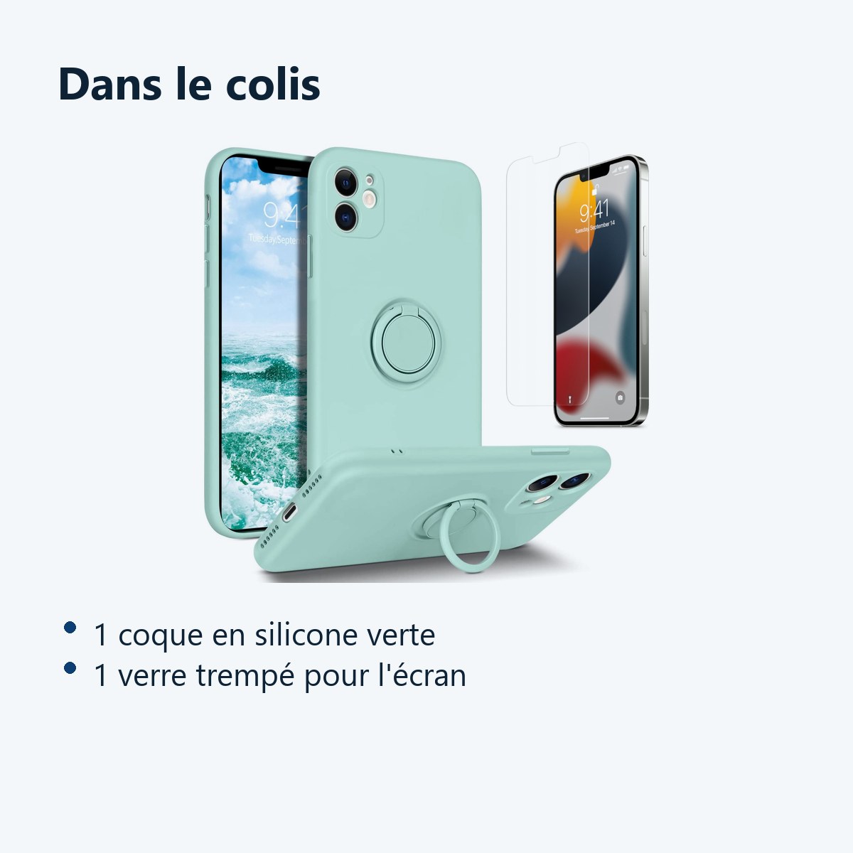 Contenu du colis – Coque Silicone Pour iPhone 12 Couleur Vert Avec Anneau Support + Verre Trempe Protection Ecran